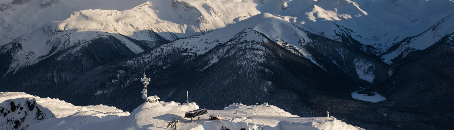 Snow-covered mountain peaks along the scenic route from Vancouver to Whistler.